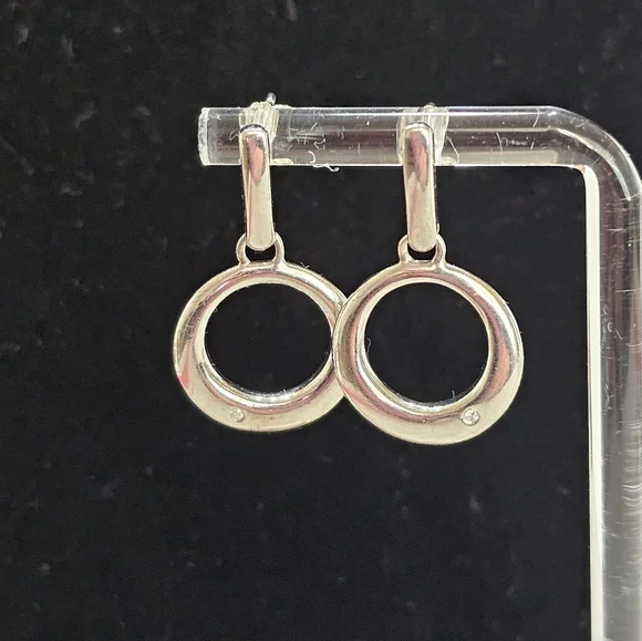 Vintage 925 Silver Circle Drop Earrings with Diamonds - Picture 2 of 12
